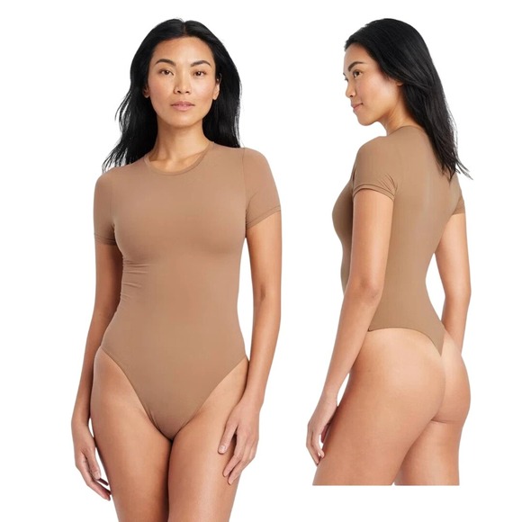 Auden Tops - Auden Women's Brown Short Sleeve Crew Neck Stretch Thong Bodysuit Size XL